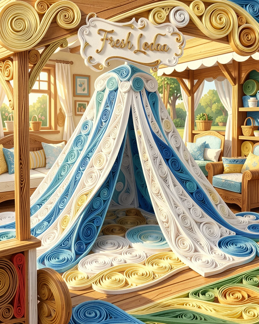 a cozy blanket fort built in a living room, at an outdoor weekend farmers market, framed with warm natural light streaming in, in bright, clean tones of blue and white.