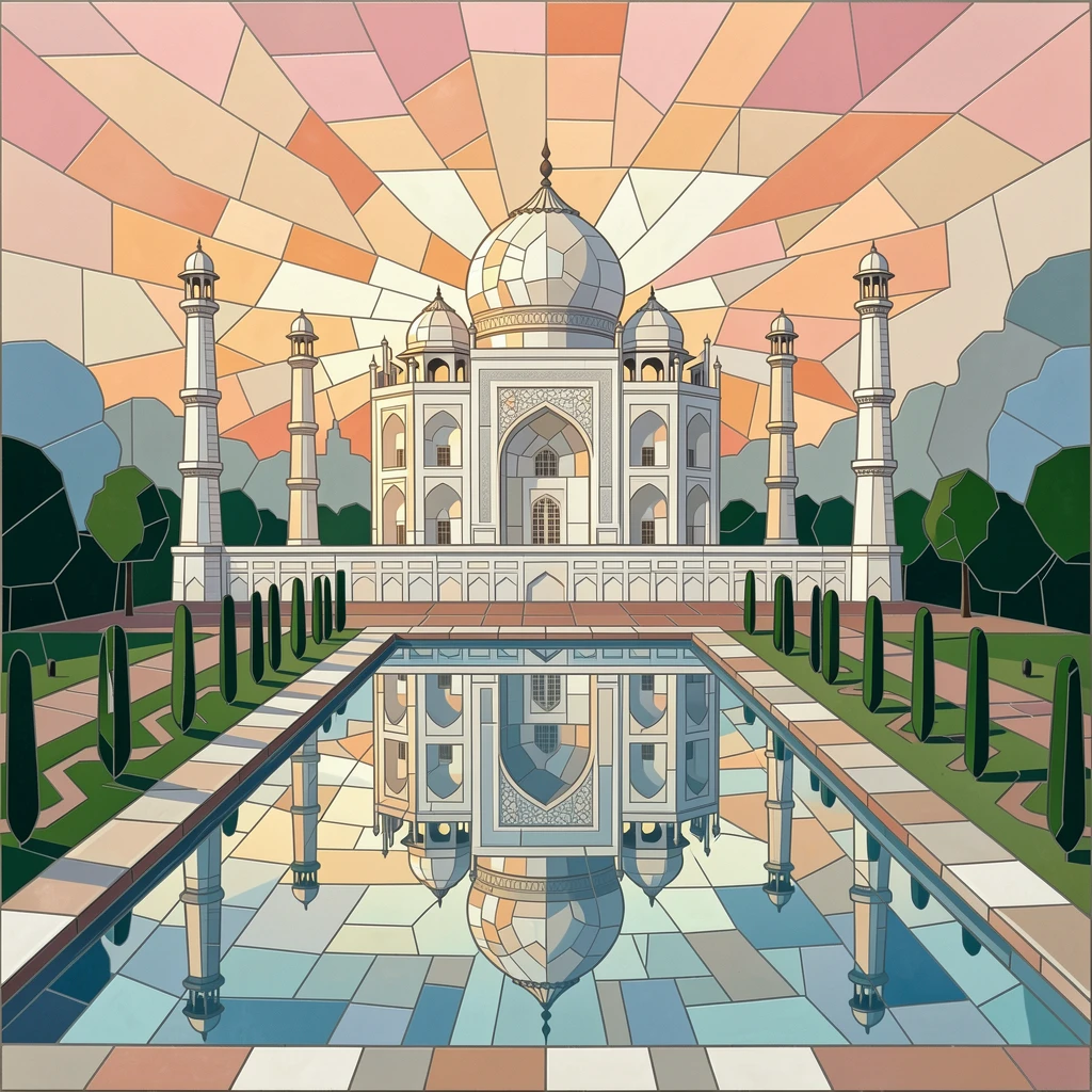The taj mahal reflected in its still garden pool at sunrise, viewed from a dramatic elevated vantage point.