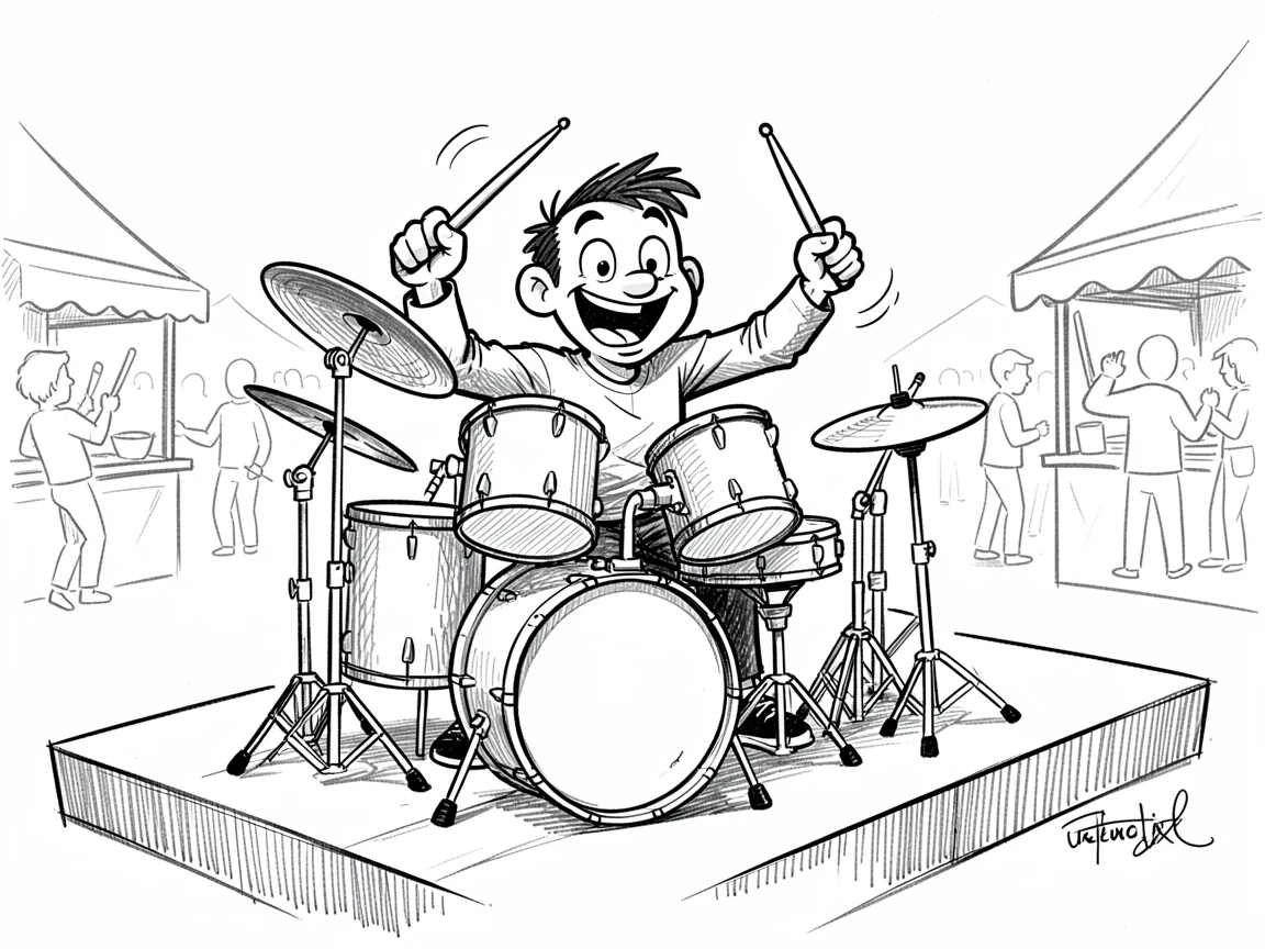 A drummer playing an upbeat rhythm on a stage in a bustling outdoor market.