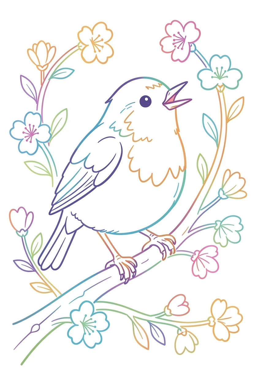 A close-up of a robin singing from a blossoming branch in spring.