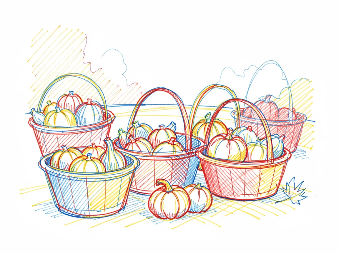 A traditional harvest festival with baskets of pumpkins and autumn gourds