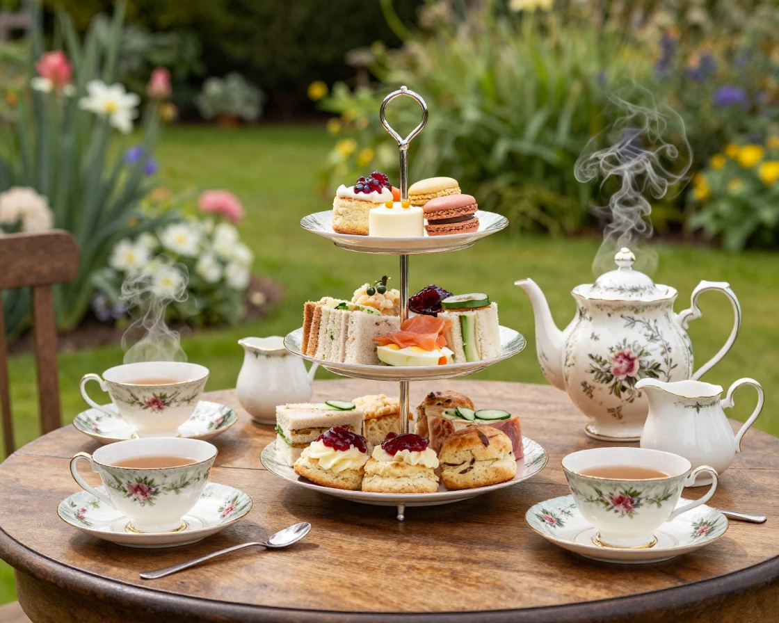 A traditional English afternoon tea with tiered pastries