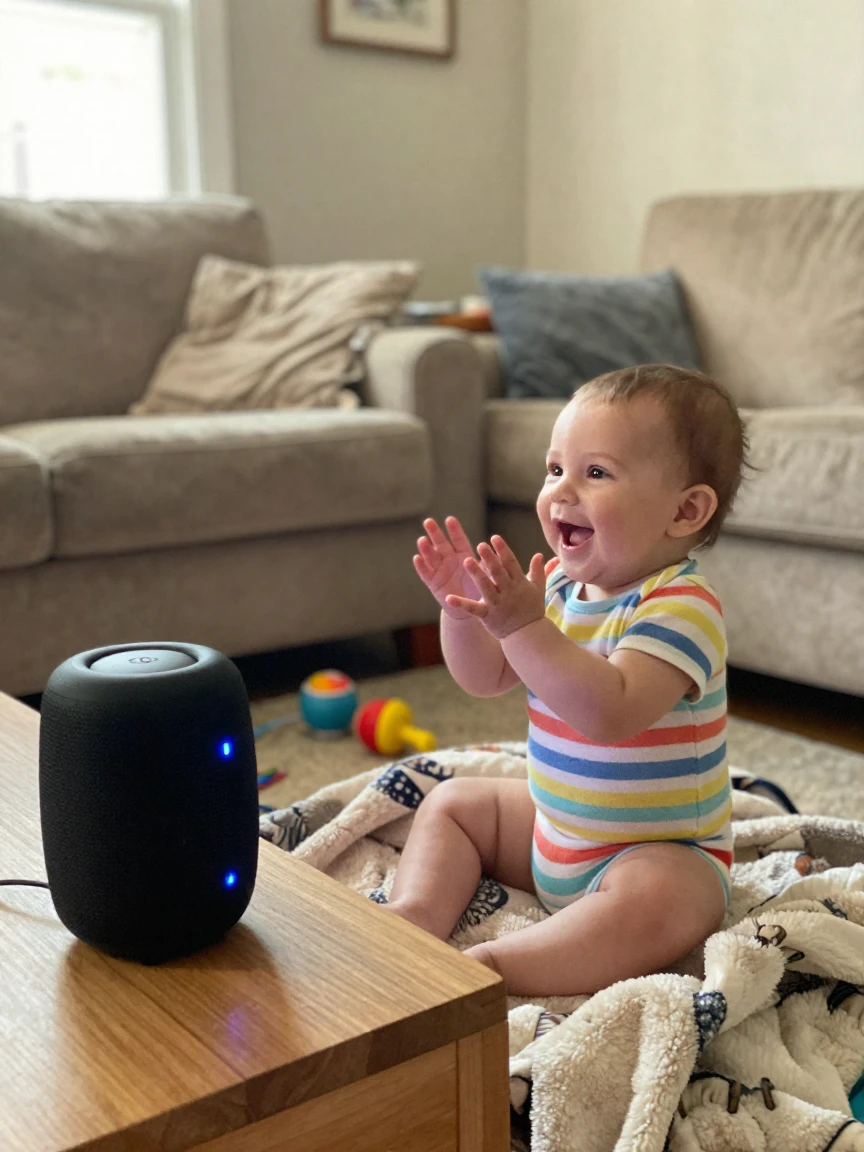 A baby claps along, slightly off-beat, to a song playing from a speaker.