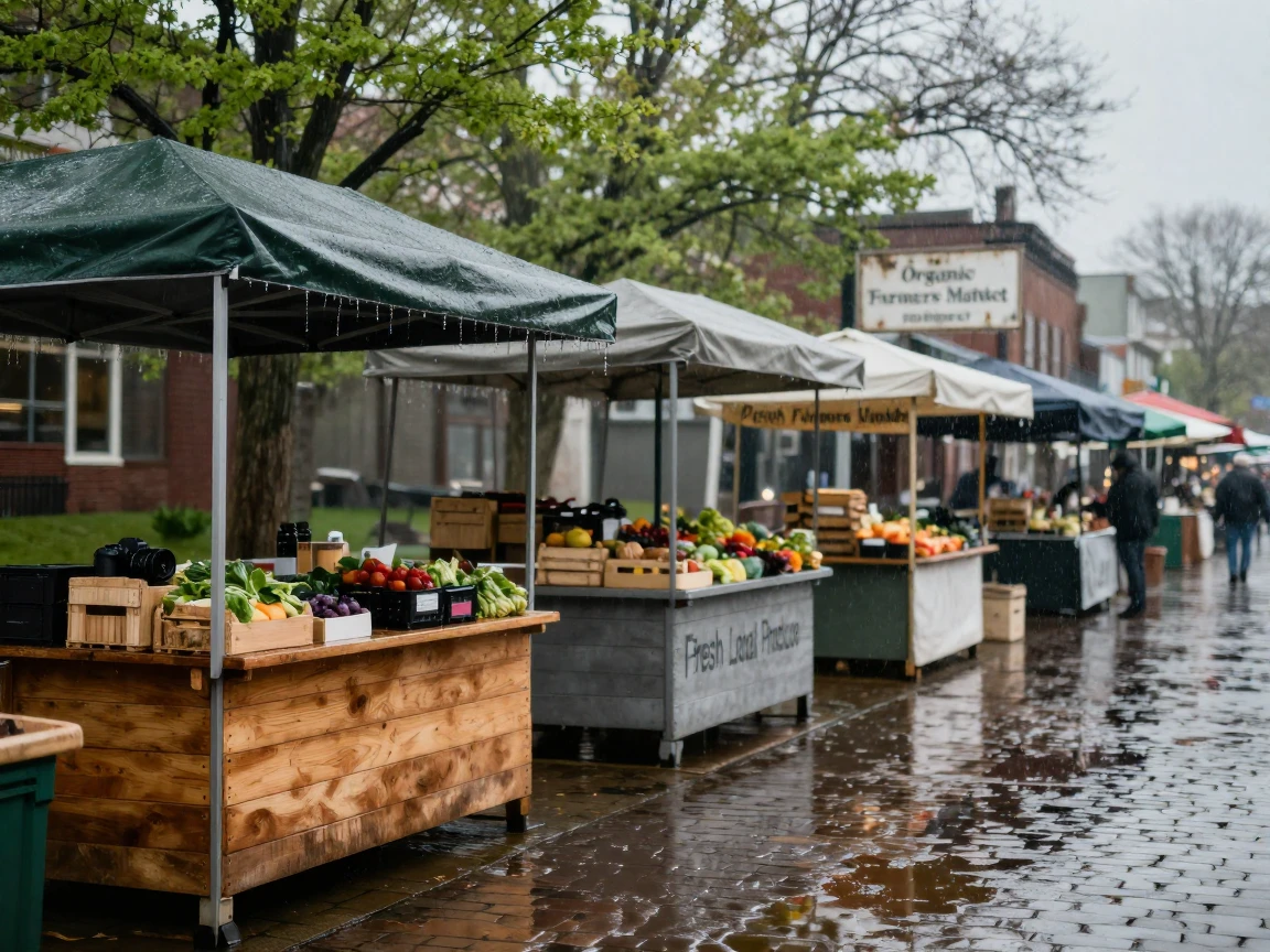 A row of market stalls, soaked from a sudden spring shower, quiet and still
