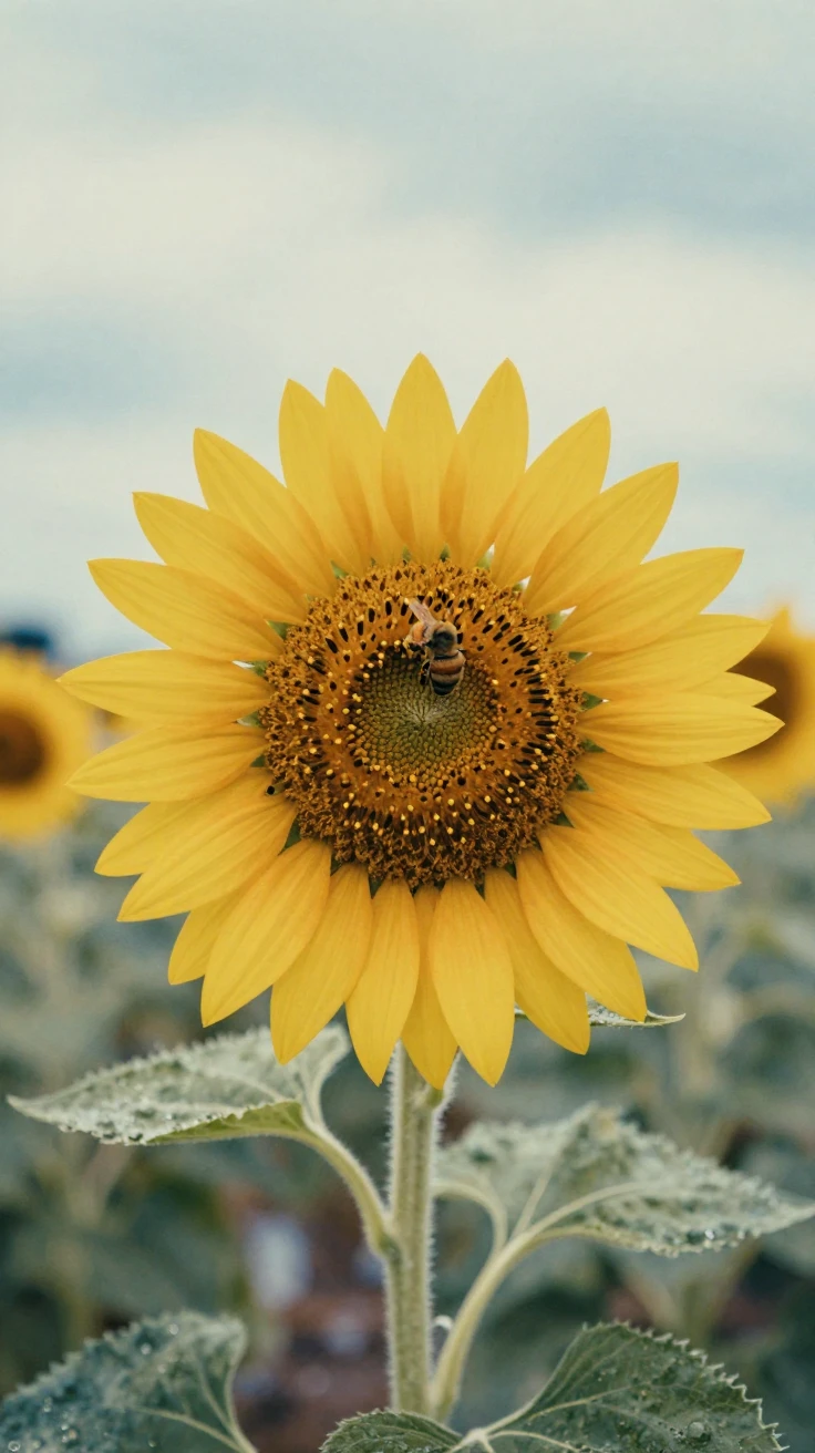 A bee gathering pollen from a bright sunflower, under a pale winter sky, just after a rain shower, with puddles reflecting the sky, in the height of summer, in soft muted pastels, peering through foliage in the foreground.