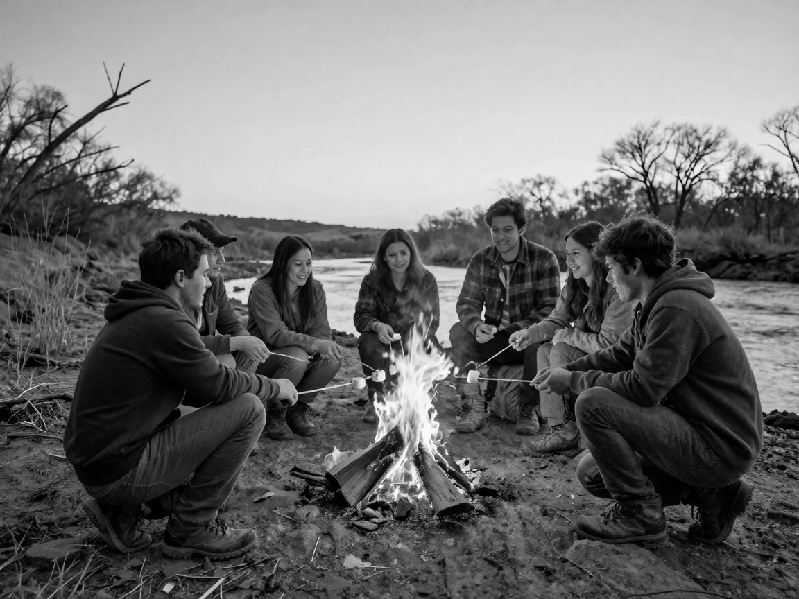 A group of campers roasts marshmallows over a fire beside a dry riverbed.