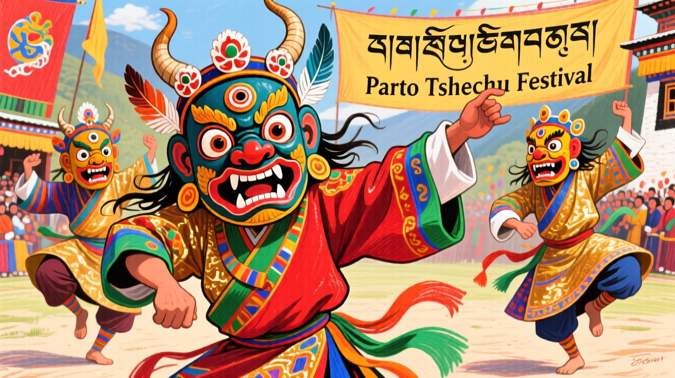 Traditional Bhutanese masked dancers performing a vibrant festival dance.