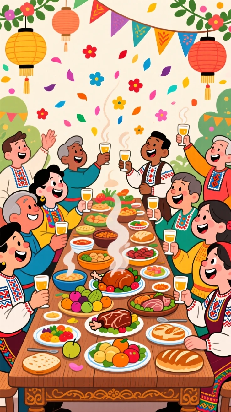 A festive celebration scene of a festive community sharing a traditional feast at a long decorated table, as flower petals drift through the air.