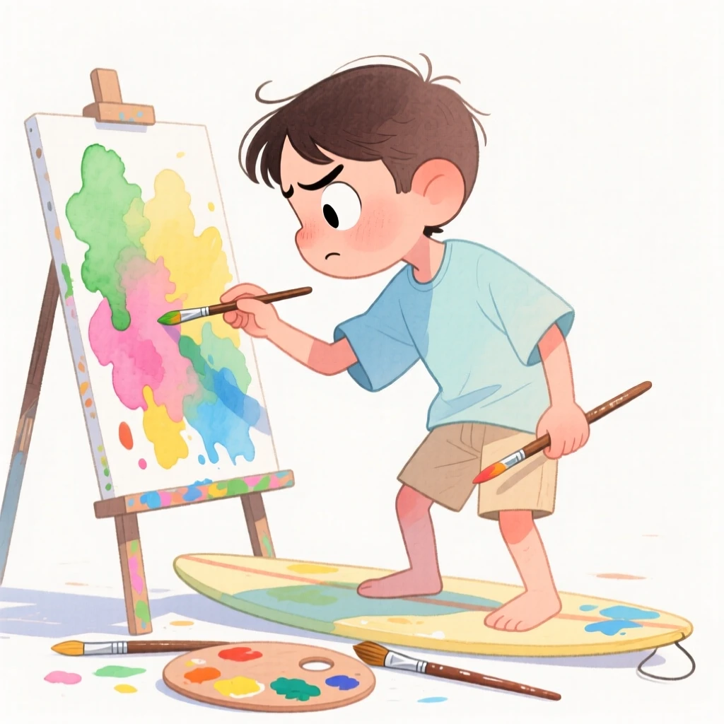 A surfer lost in concentration on a colorful canvas
