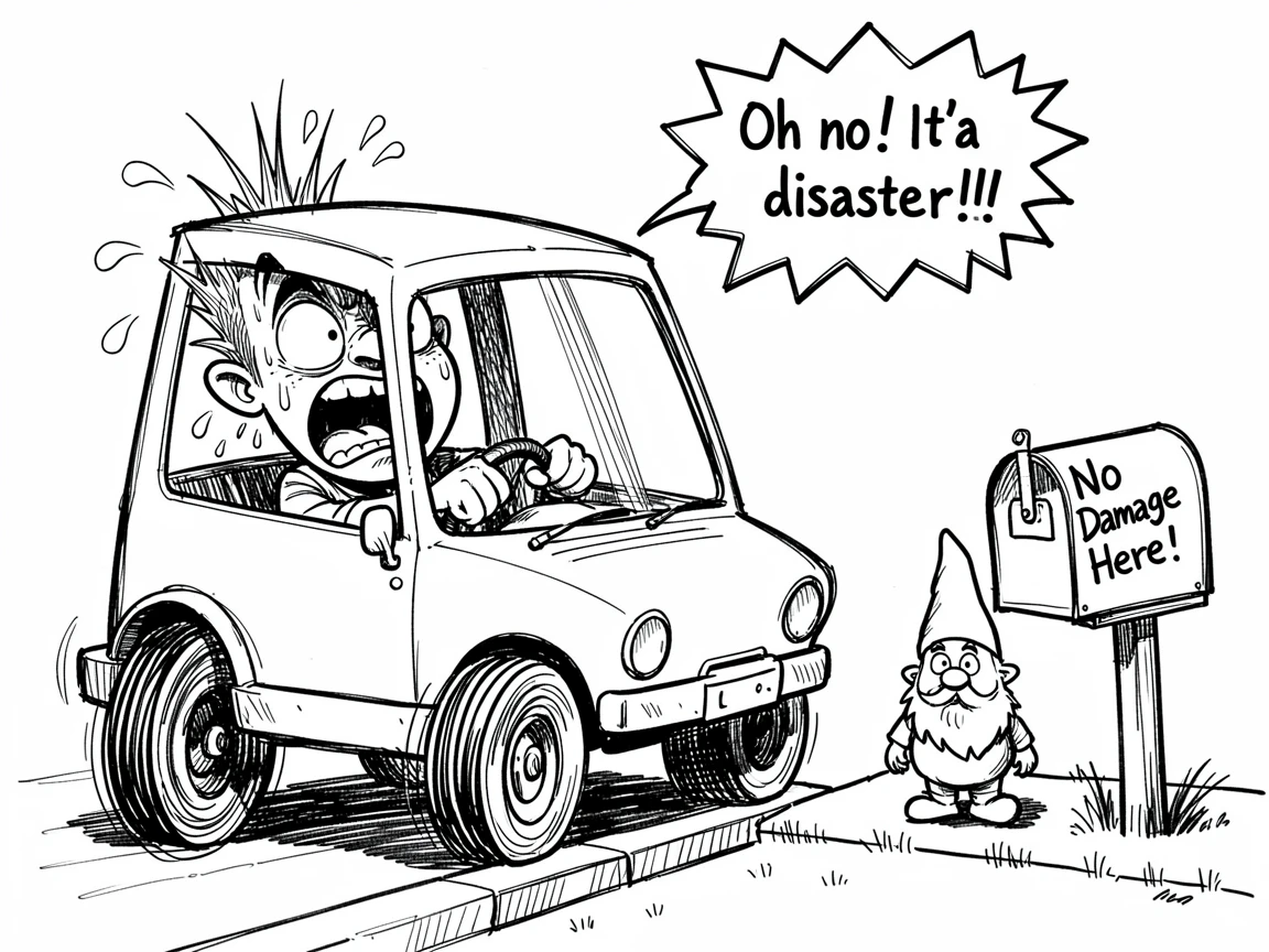 [Funny & Exaggerated Situations] Comical scene of a panicked new driver overreacting to a minor mishap, exaggerated for maximum laughs