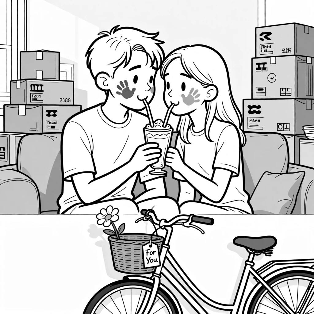 A couple sharing one milkshake with two straws, leaving handprints of paint on each other's cheeks, set in a living room surrounded by flat-pack furniture boxes. The bike's basket holds a single, forgotten flower. It captures romance in its most playful, everyday form.