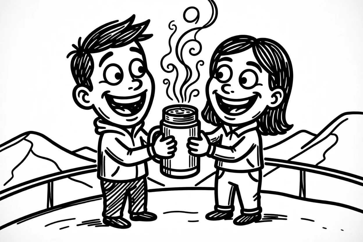 A couple sharing a thermos of hot cocoa on a snowy mountain overlook.