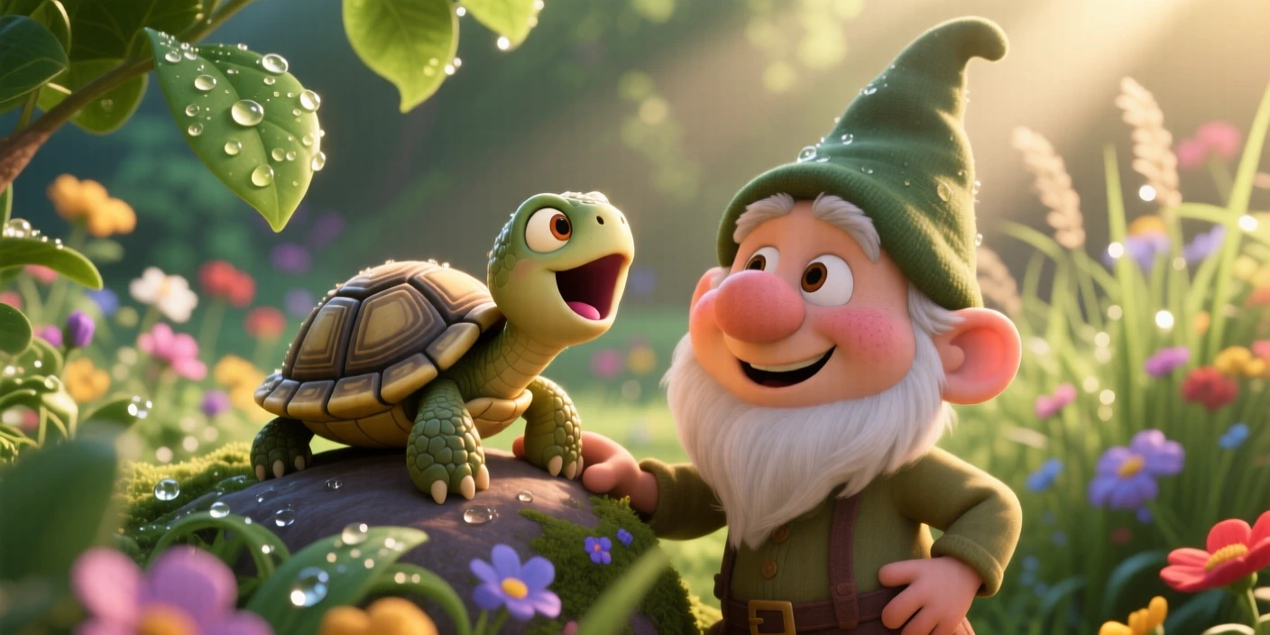 A tiny turtle hatchling is perched on a garden gnome's shoulder, yawning with a tiny open mouth. Innocent curiosity shines through the moment, with dew drops glistening nearby.