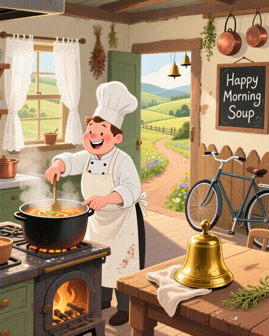 A chef stirring a big pot of soup spends the morning polishing an old brass bell in a countryside farmhouse kitchen, as bicycle bells chime somewhere nearby.