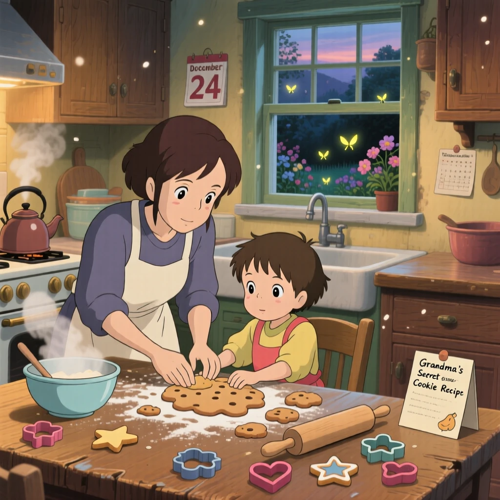 A mother and child baking cookies together in the kitchen, the scene quietly joyful.