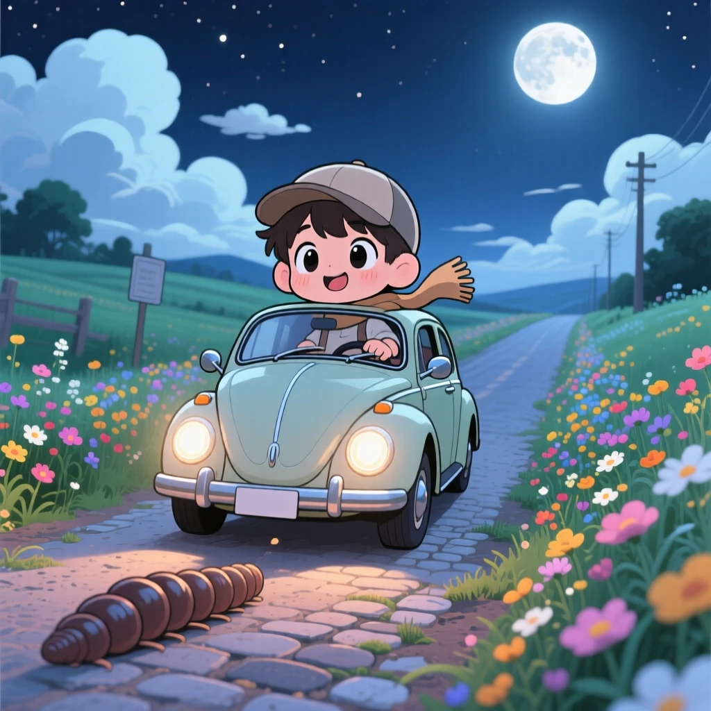 In a charming countryside road, a child is riding in a vintage car through a flower-lined lane beneath fluffy drifting clouds, bathed in soft moonlight, expression full of brave confidence. Shot as a worm's-eye view.