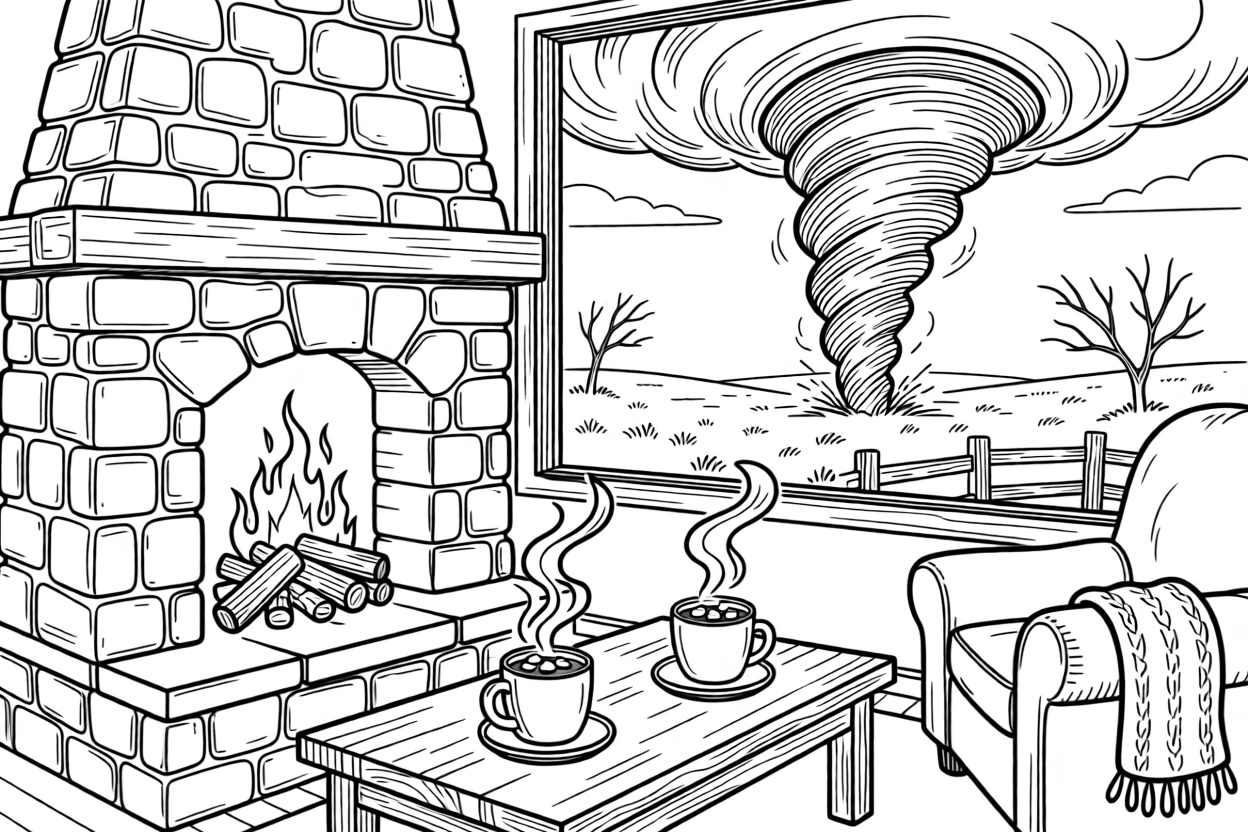 A ski lodge fireplace with hot cocoa mugs nearby, a tornado forming on the horizon of an open prairie.