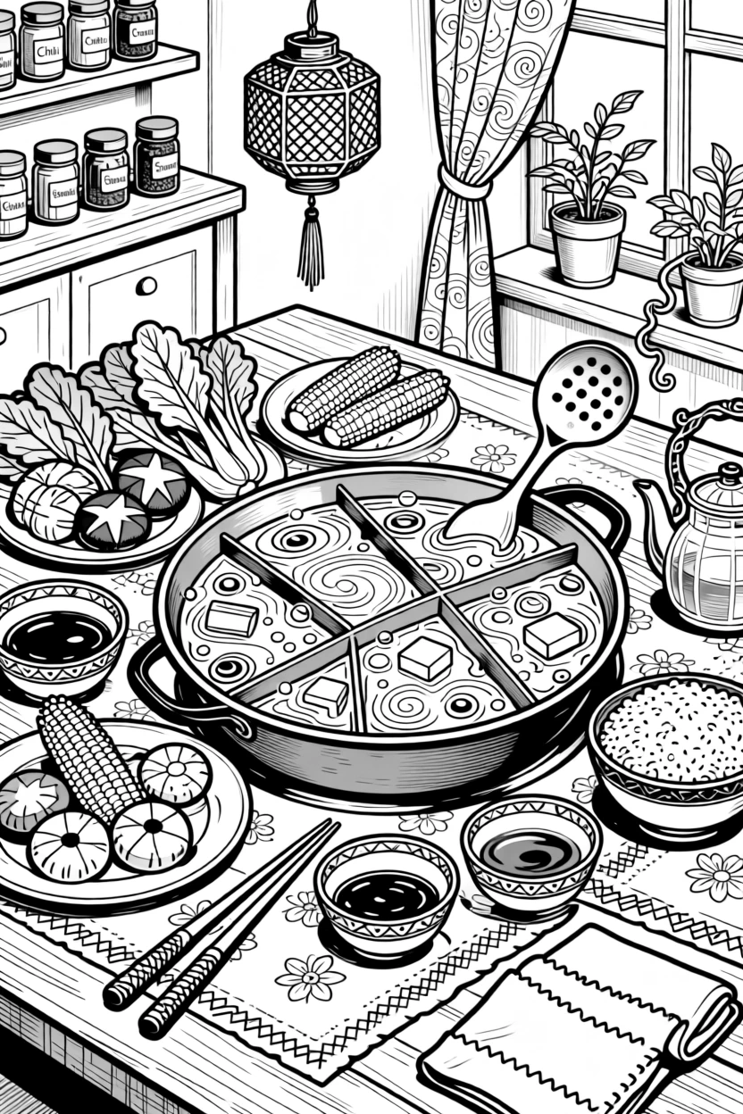 A cozy hot pot dinner scene with simmering broth and fresh vegetables.