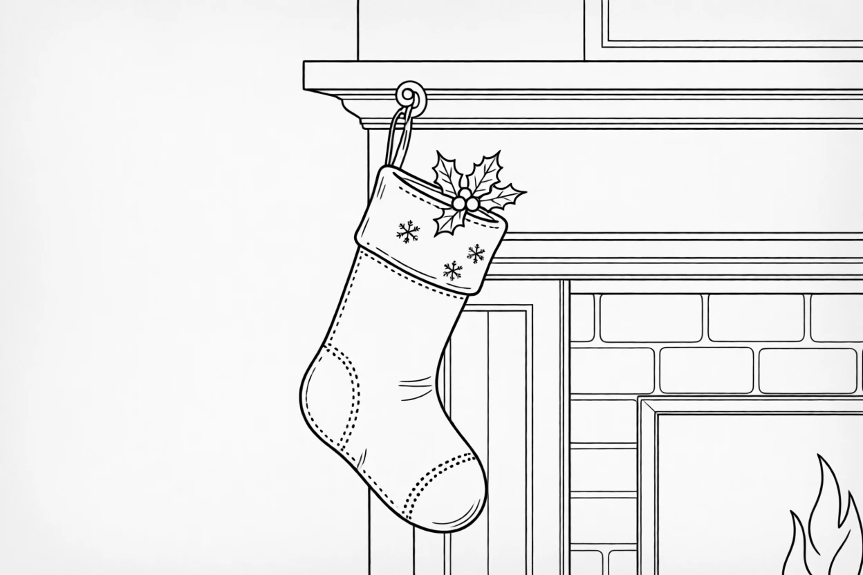A Christmas stocking hung by a fireplace with care