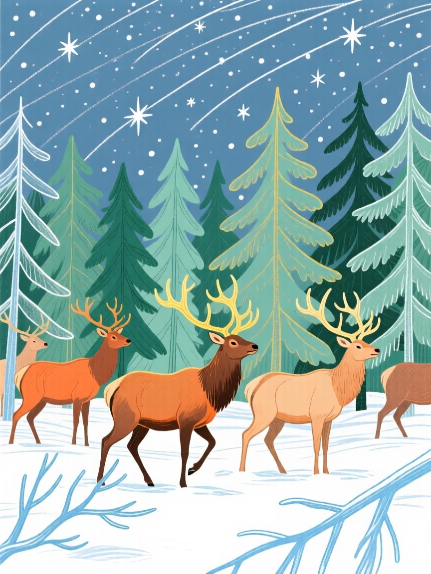 A herd of elk exploring in a snowy pine forest under a clear starry sky.