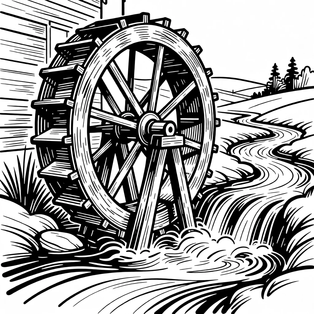A rustic mill wheel turning beside a rushing countryside stream.