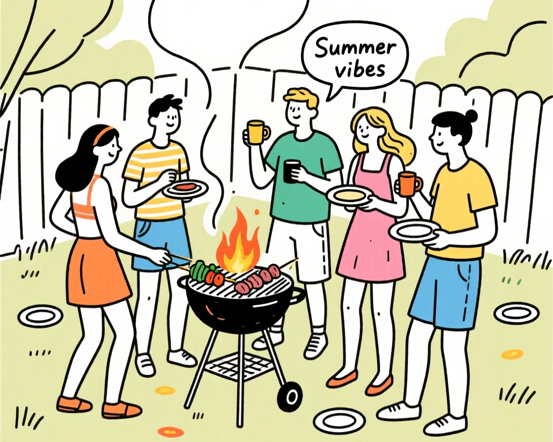 A summer barbecue with friends gathered around a grill in the backyard.