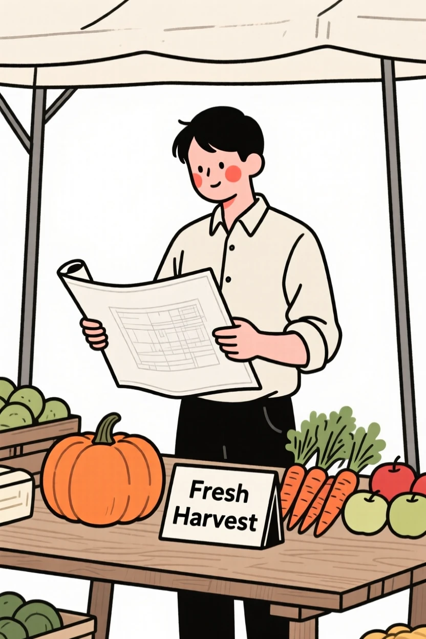 An architect reviewing blueprints at a countryside farmers market.