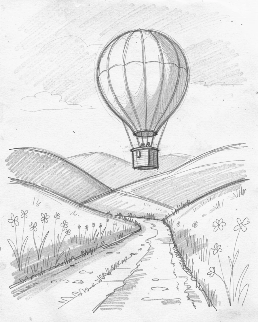 A striking scene of a hot air balloon drifting over rolling hills on a quiet countryside lane, with wildflowers lining the roadside.