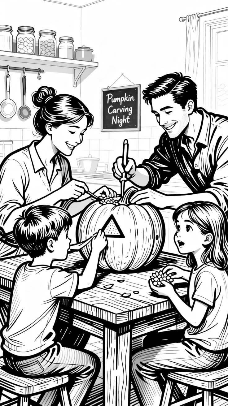 A family carving a pumpkin together at the kitchen table.