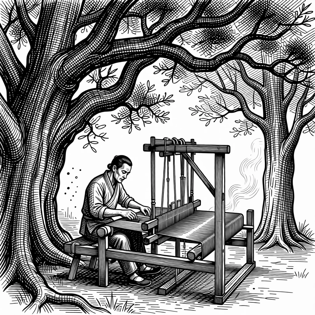 A weaver working at a large traditional loom beneath the shade of ancient trees, with dust rising softly from the ground, portrayed in a deeply rooted in tradition historical scene.