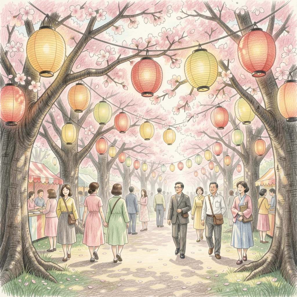 A springtime cherry blossom festival with paper lanterns overhead, with a gentle play of light and shadow across the composition, celebrating a moment people would love to revisit.