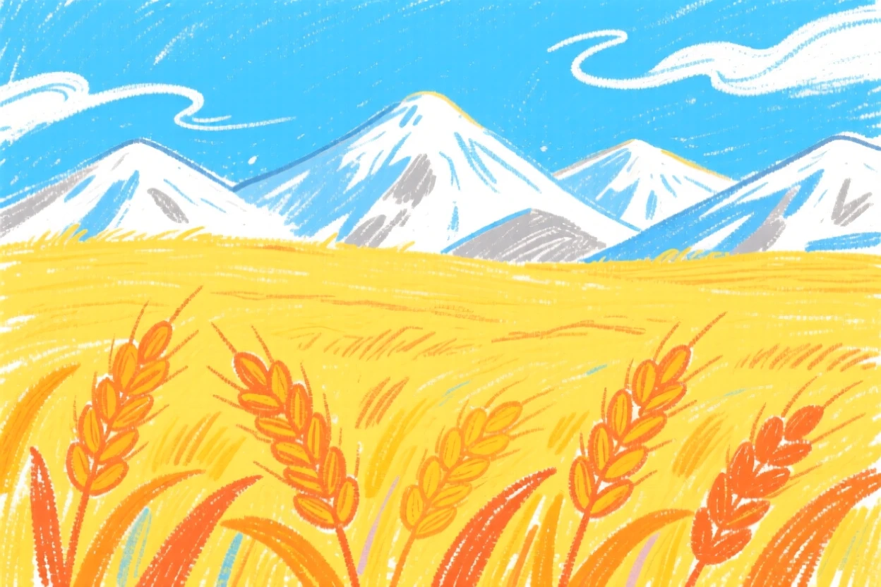 A view of a golden wheat field framed by distant snow capped mountains.