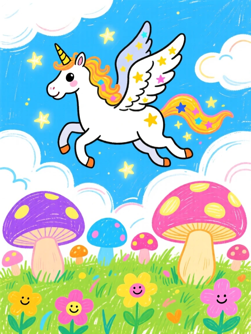 A starlight pegasus soaring through clouds in a meadow of giant glowing mushrooms.