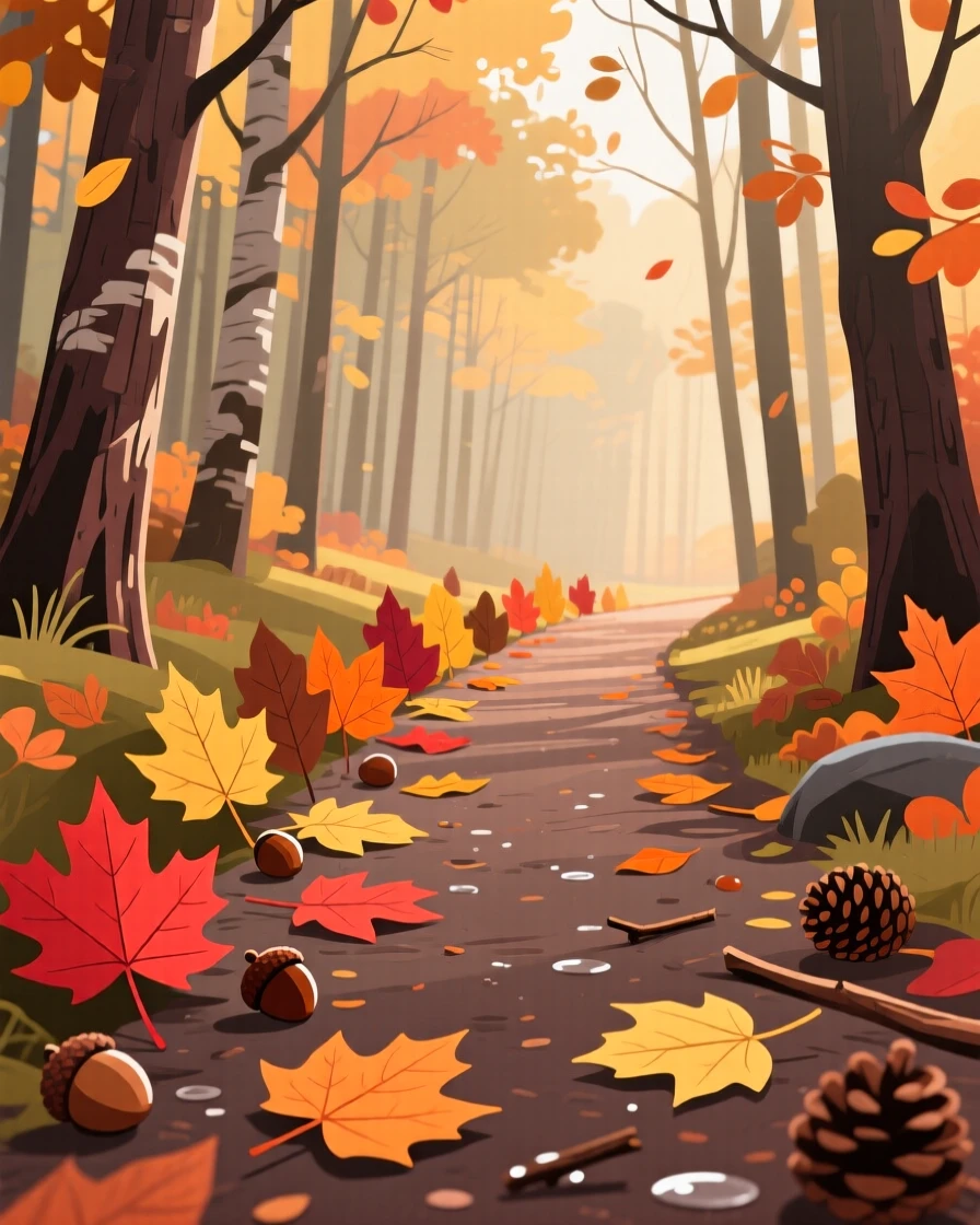A row of colorful autumn leaves scattered along a forest path, set against a backdrop celebrating the season's charm, composed to capture the unique charm of the season, with a fresh, crisp atmosphere throughout.