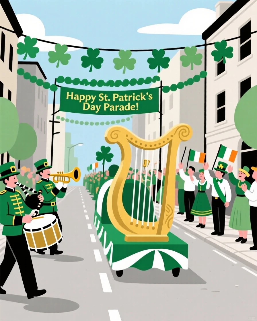 A St. Patrick's Day parade with green decorations lining the street.