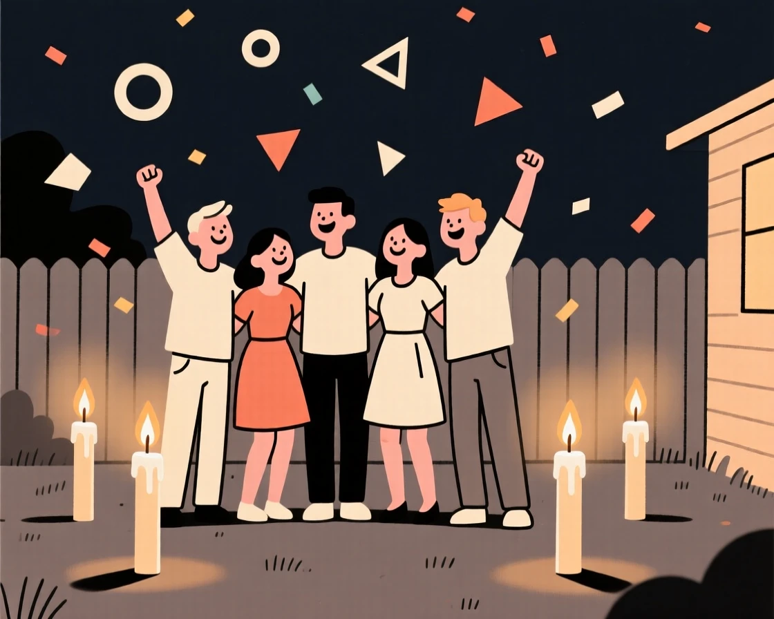 Friends gathered for a harvest festival in a candlelit backyard, surrounded by confetti in the air, radiating triumphant joy.