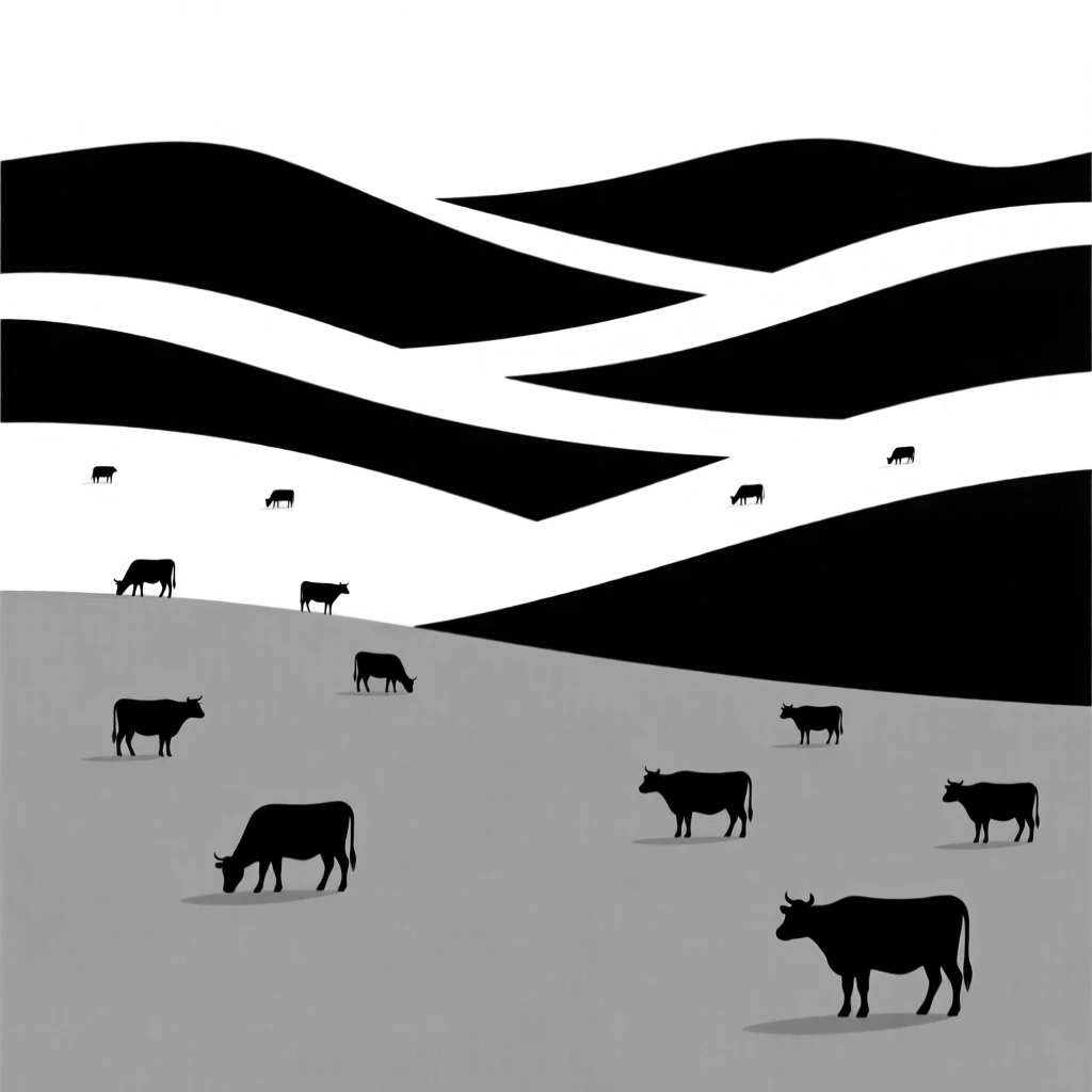 A green valley dotted with grazing cattle.
