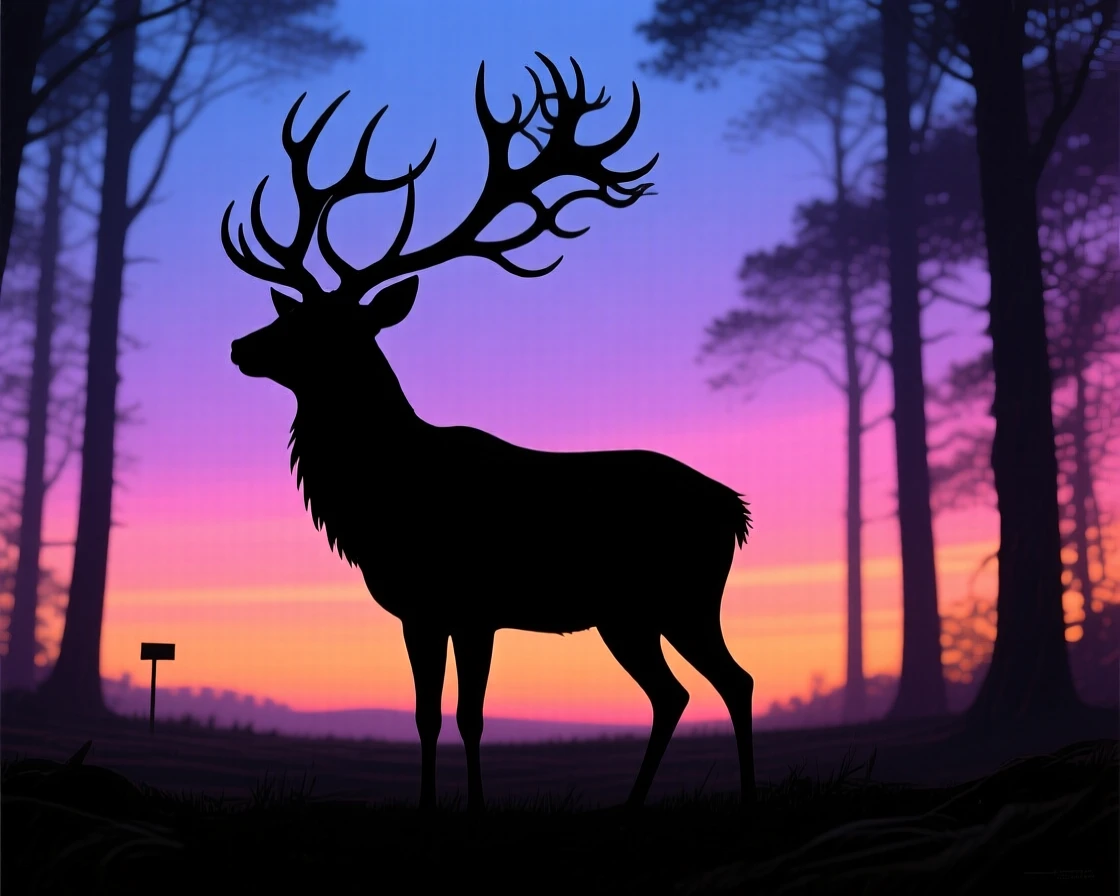 A great stag with antlers made of intertwining branches standing in a clearing.