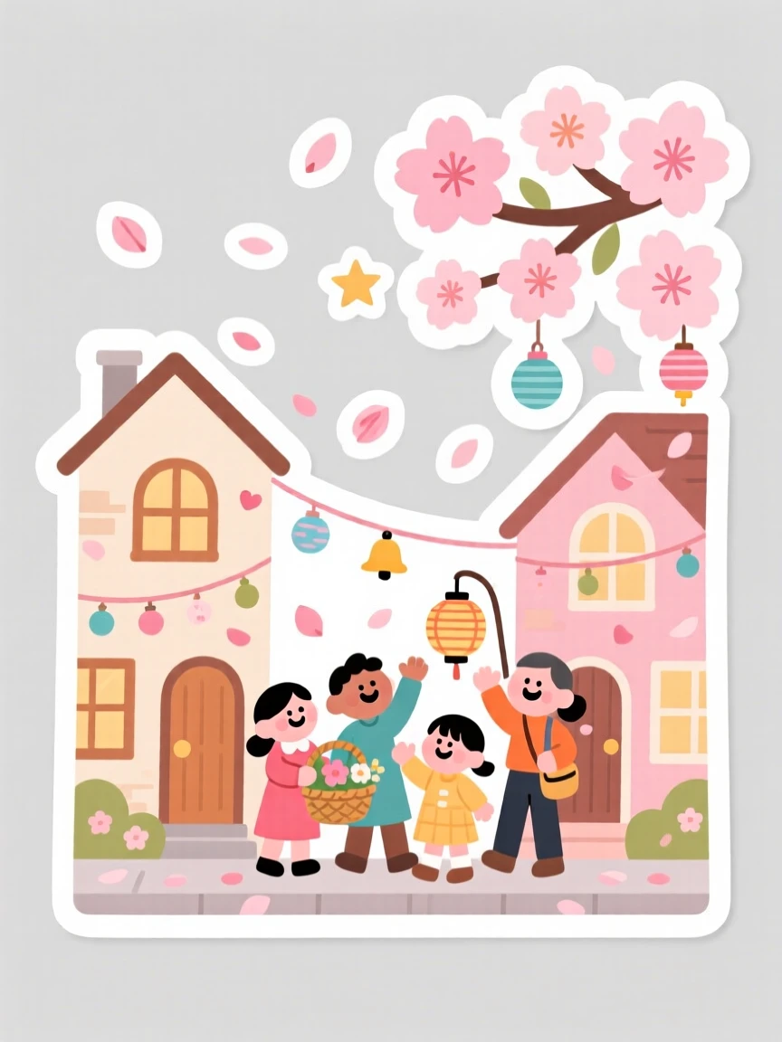A cozy and heartwarming spring cherry blossoms falling like confetti, decorated with ribbons and small ornaments, as the whole neighborhood celebrates together.