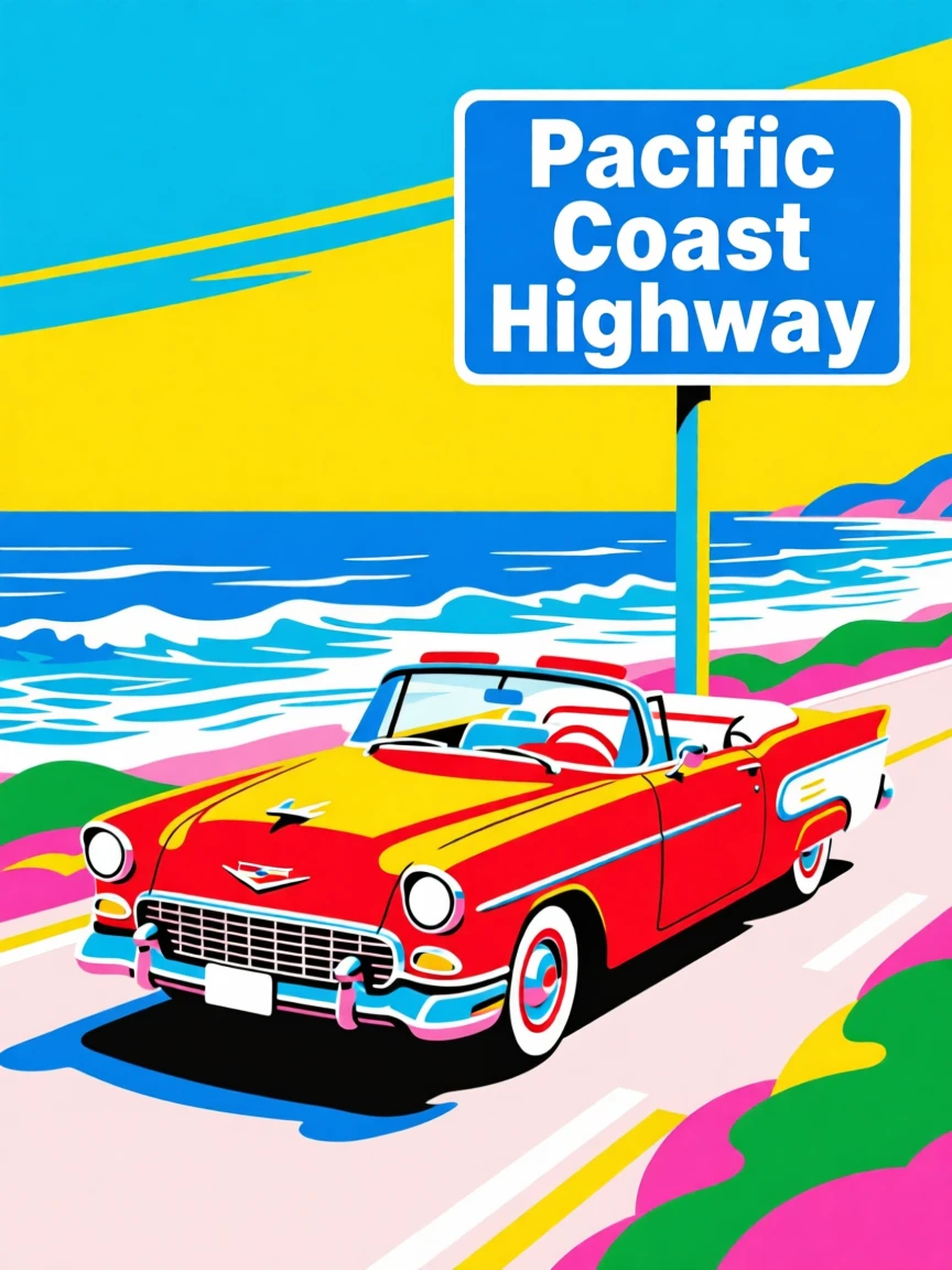 Classic convertible cruising along a coastal road