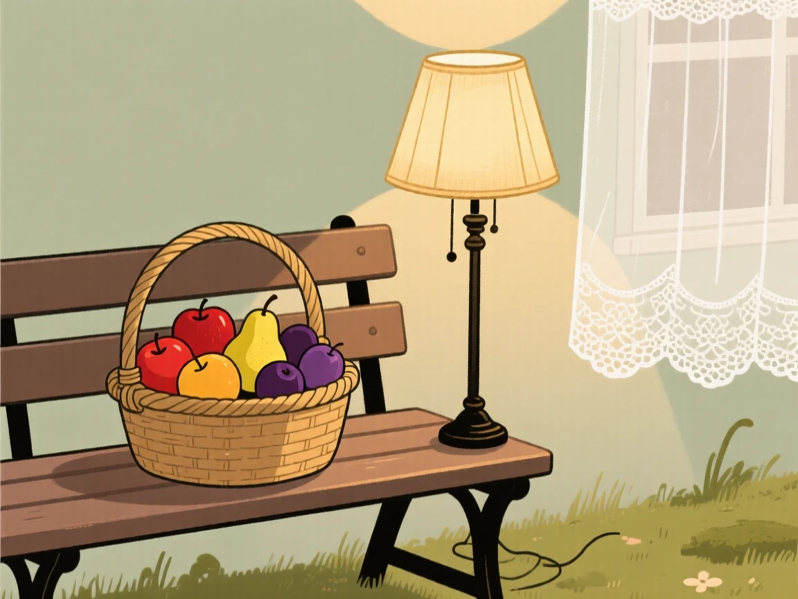 A garden bench holds a simple arrangement of ripe fruit in a woven basket, lit softly by the glow of a nearby lamp beside a lace curtain.