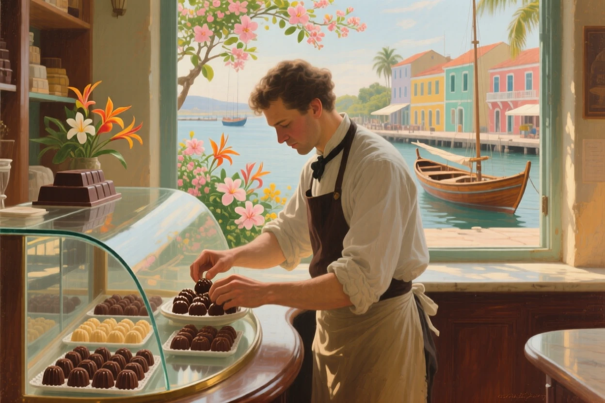 A close-up portrait of a chocolatier carefully arranging truffles in a glass display case, in a Caribbean port town, as spring blossoms open.