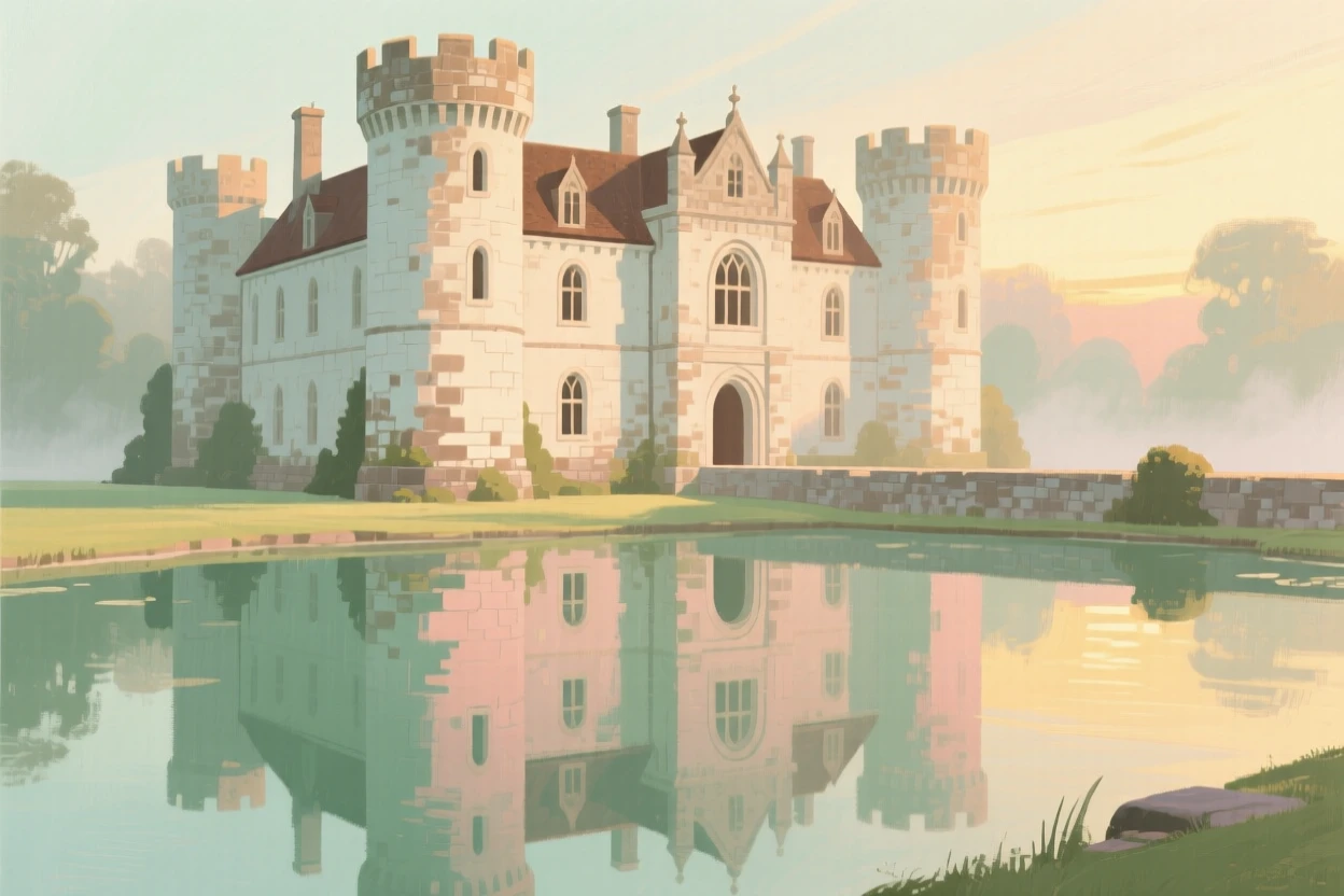 A grand stone castle reflected in a still moat at dawn