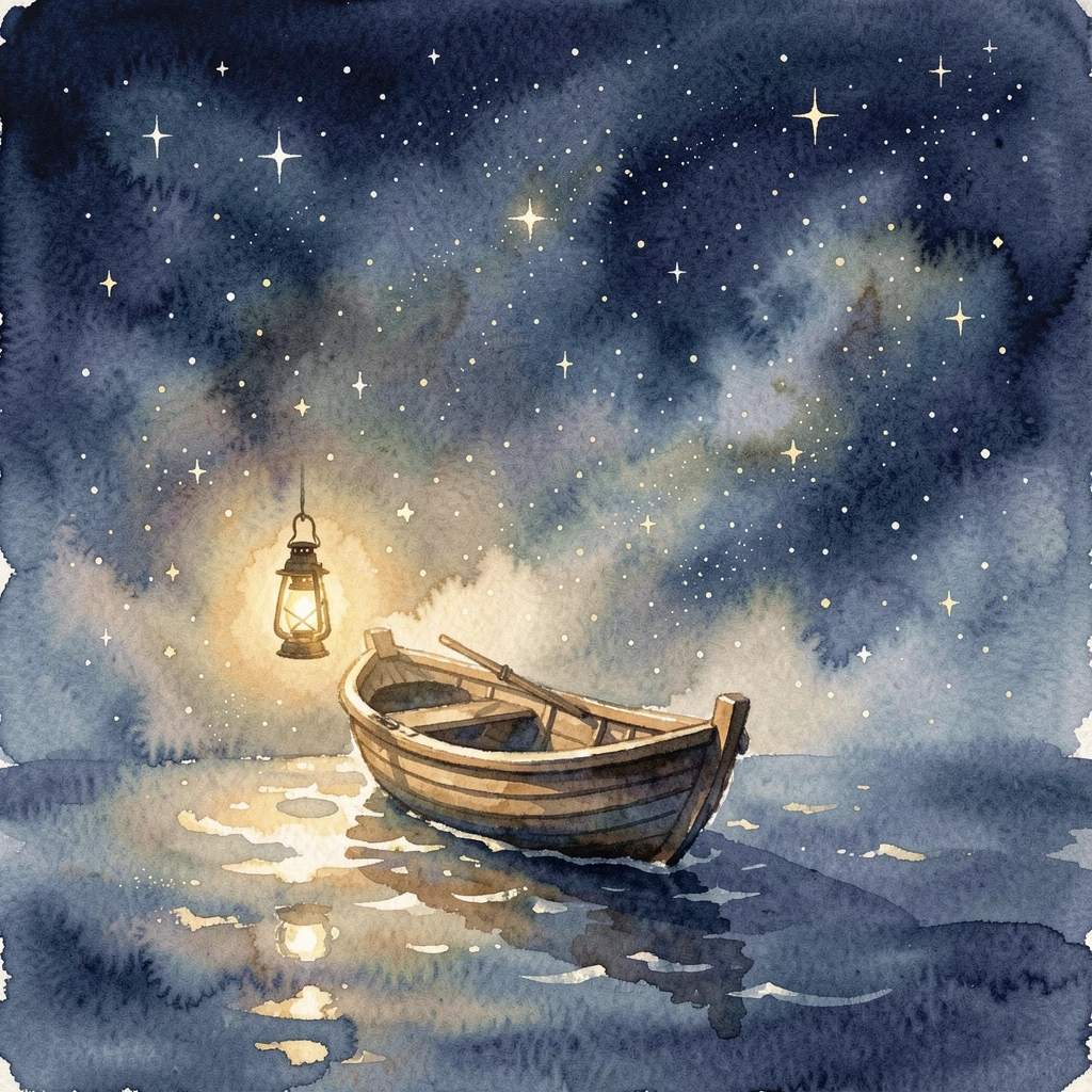 A lantern-lit boat sailing through a starry sky with a gentle magical glow illuminating the scene.
