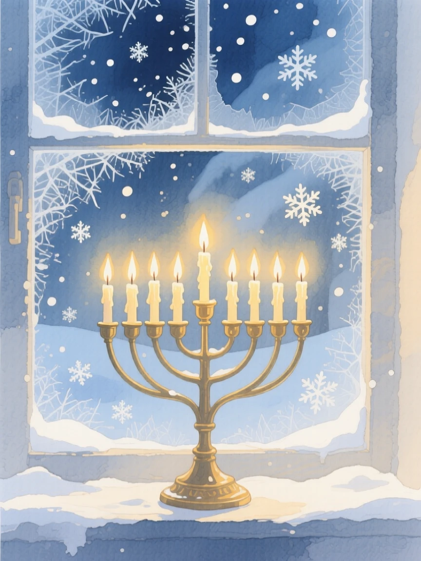 A Hanukkah menorah glows in a frosted window as snow falls gently outside on a winter evening