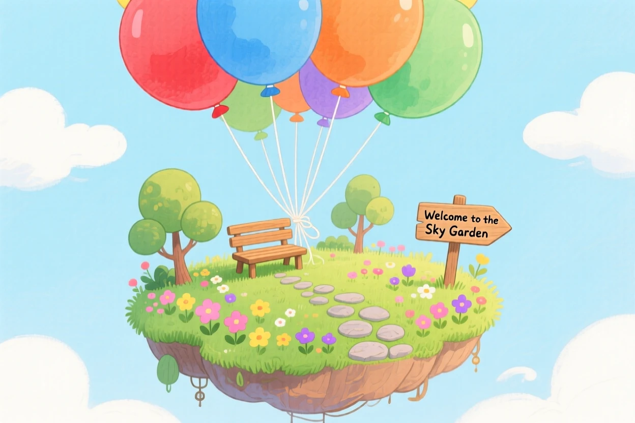A floating garden suspended by giant balloons, mysterious and inviting.