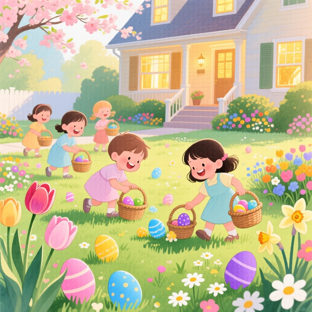 Children hunting for Easter eggs in a blooming garden, in a springtime yard scattered with colorful eggs and flowers, with warm golden light glowing from every window, evoking the innocent joy of spring celebration.
