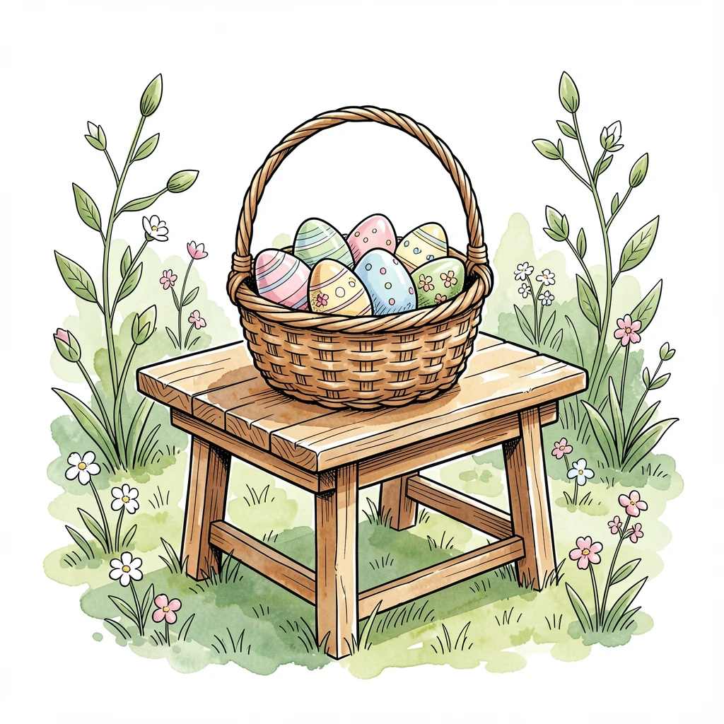 A quiet Easter morning with a basket of eggs on a garden table, the mood cozy, joyful, and full of seasonal spirit.