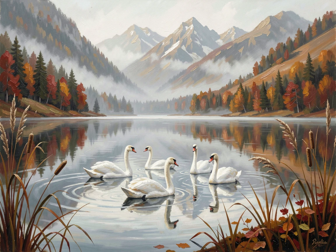 On a misty autumn morning, a perfectly still alpine lake, beside reeds swaying gently at the water's edge, a family of swans gliding across the still surface.