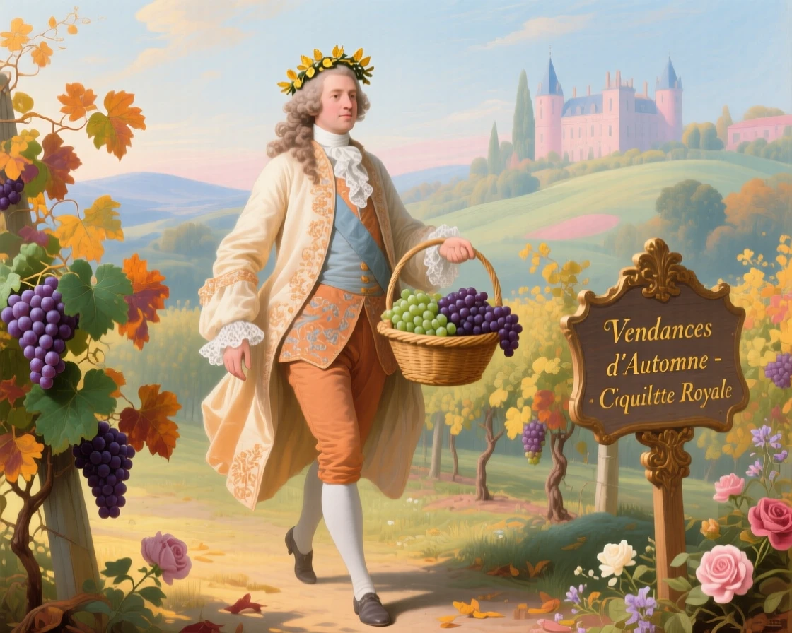 A gentleman representing autumn, carrying grapes through a golden vineyard  